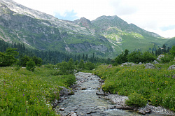 Эта красивая горная речка находится на туристическом маршруте Знаменитой Тридцатки - легендарный маршрут 30 в горах на юге России на Фиштинской поляне.