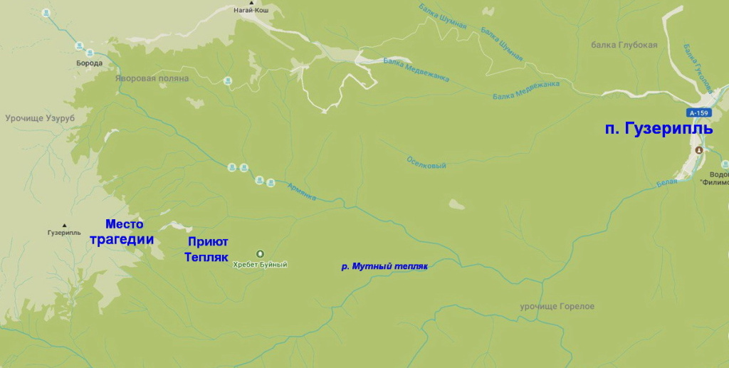 Приют Тепляк и место трагедии на маршруте 30 на карте в 1975 году
